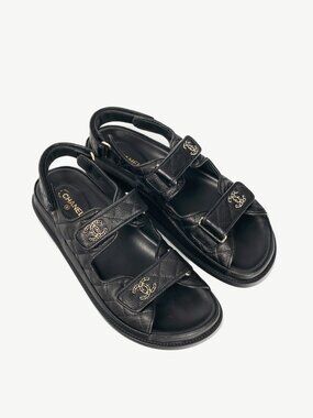 Chanel Black Caviar Quilted CC Dad Sandals